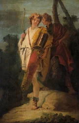 Jeune homme avec un arc et un grand carquois et son camarade avec un bouclier